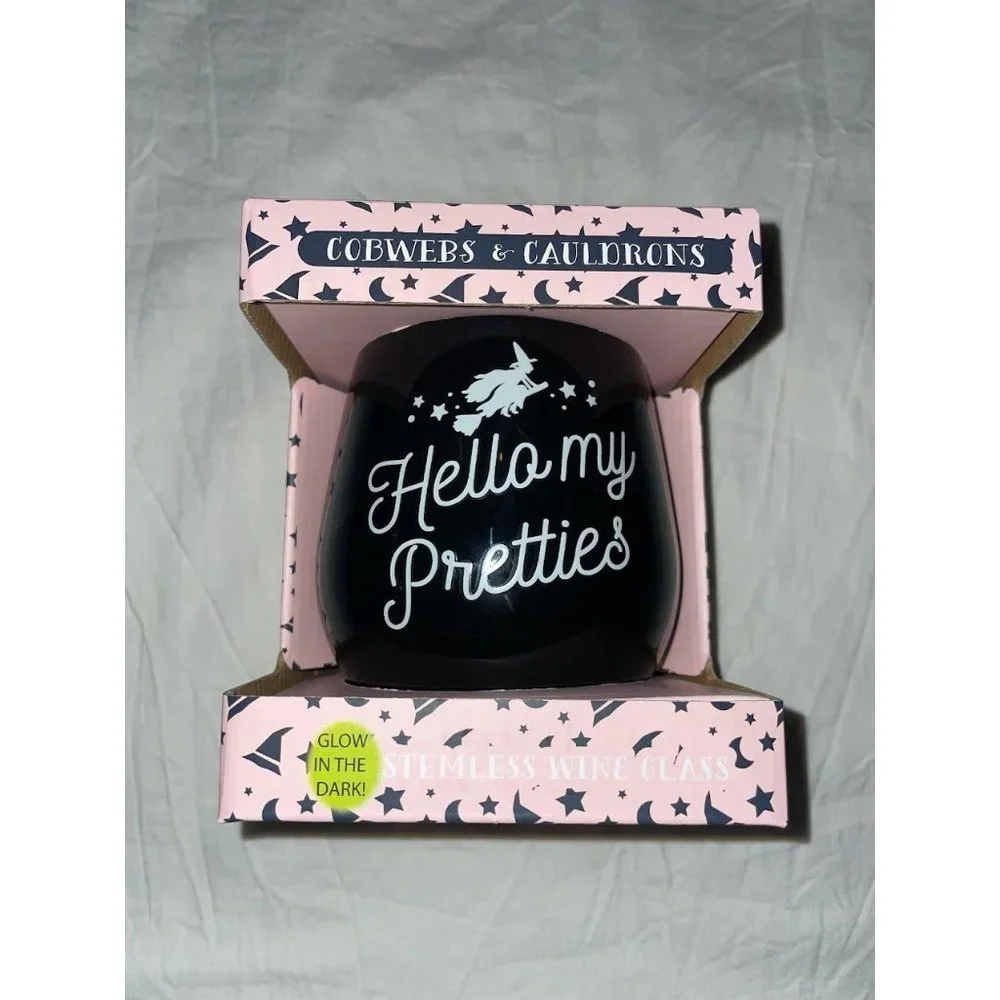 Cobwebs & Cauldrons Hello My Pretties Stemless Wine Glass Halloween Glow in Dark